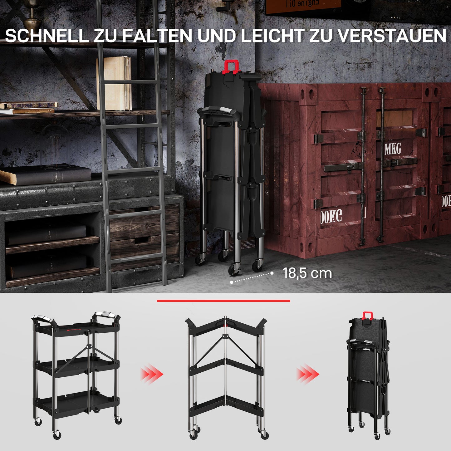 HOMCOM Werkzeug-Trolley, klappbarer 3-stufiger Werkzeugwagen, Kunststoff, Stahl, Schwarz