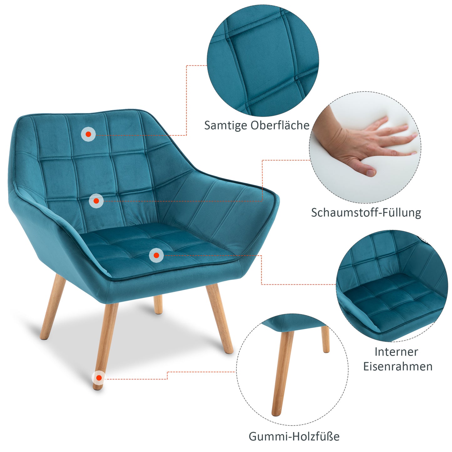 HOMCOM Sessel Wohnzimmer Ohrensessel Loungesessel Relaxsessel mit Gummiholzbeine, Lesesessel mit Samtoptik, Polstersessel für Schlafzimmer, skandinavisch, Hellblau