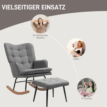 HOMCOM Schaukelstuhl mit Hocker, komfortabel, bis 130 kg, Leinenoptik, 64x89x90cm, Dunkelgrau