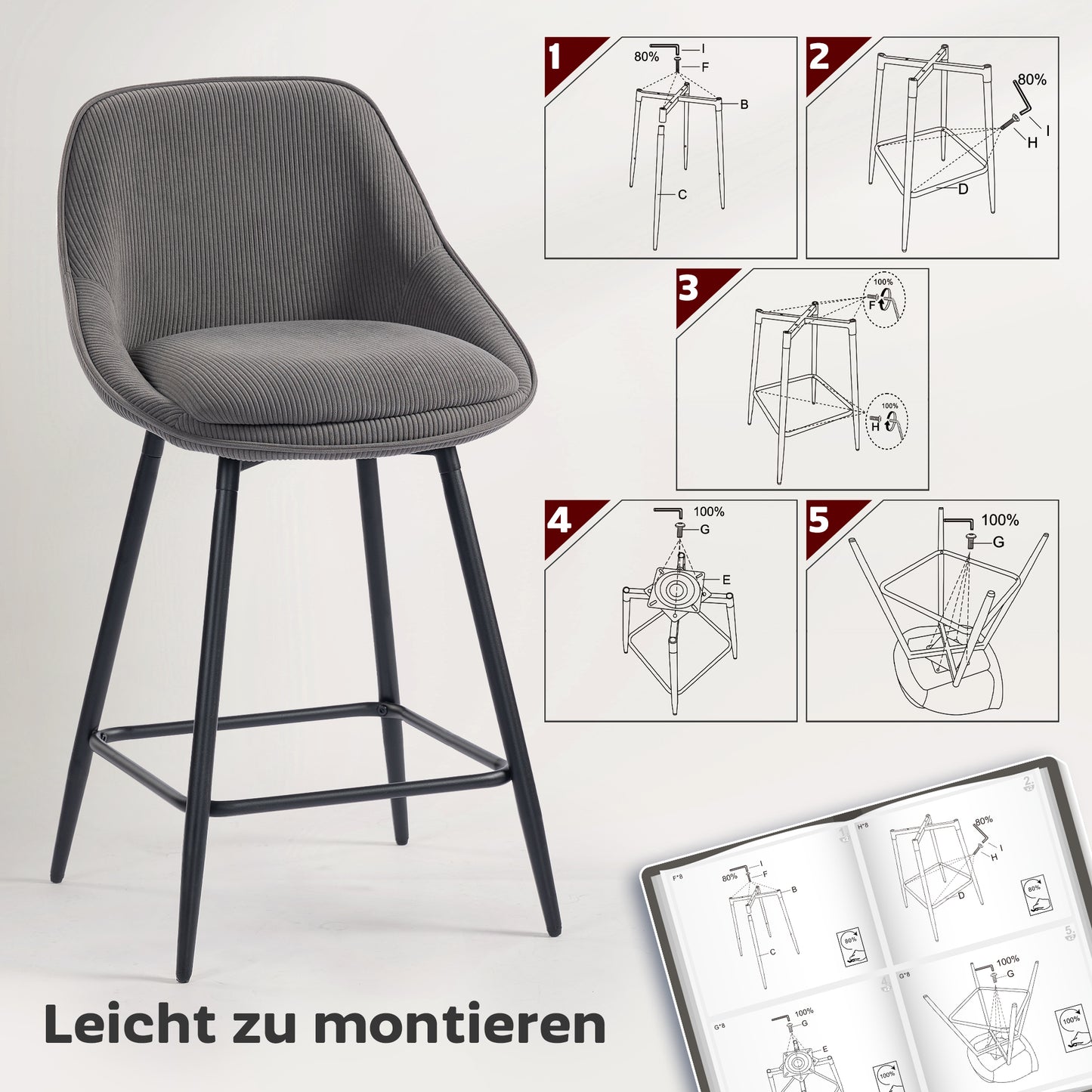 HOMCOM 2er-Set Barstühle mit Cordbezug und Stahlbeinen, Polsterstühle für Kücheninsel, Esszimmer, Grau