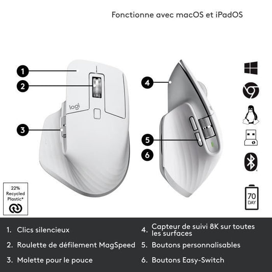 Logitech - Wireless Mouse - MX Master 3S Performance, Ergonomic - Pale Gray