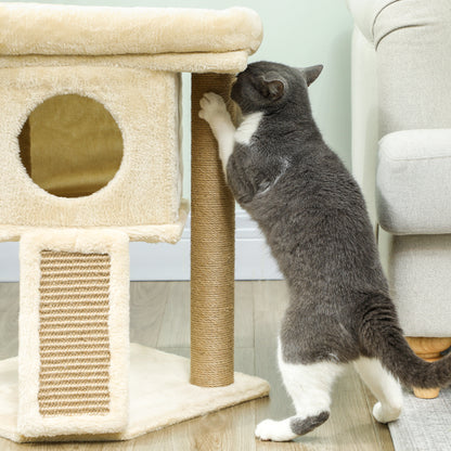 PawHut Kratzbaum mit Jute-Kratzmatte, Liegeplattform, Spielball, Katzenhaus, Beige, 40 x 40 x 57 cm