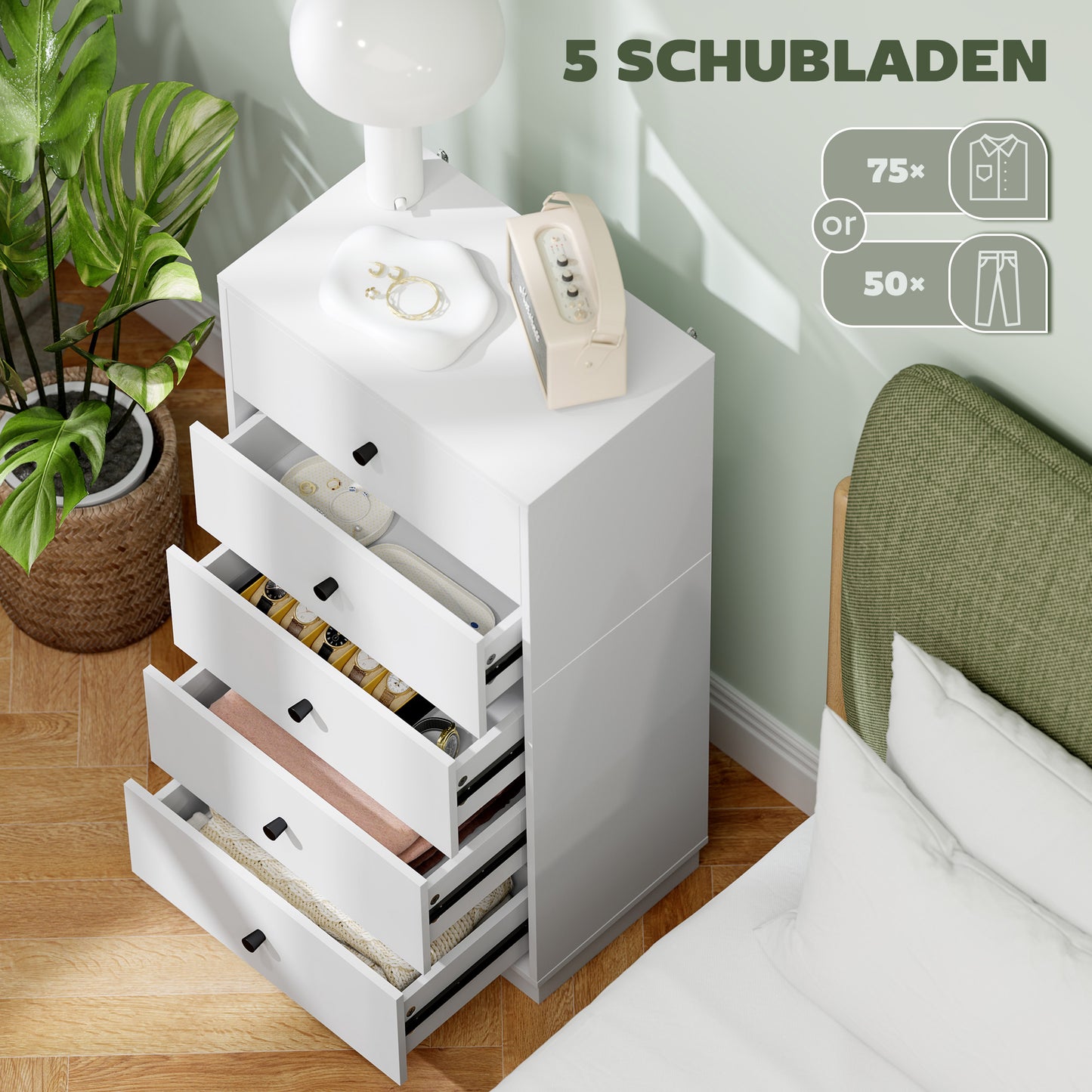 HOMCOM Kommode Sideboard mit 5 Schubladen Schrank aus Holzwerkstoff im Modern Stil 47 x 29 x 95 cm Weiß