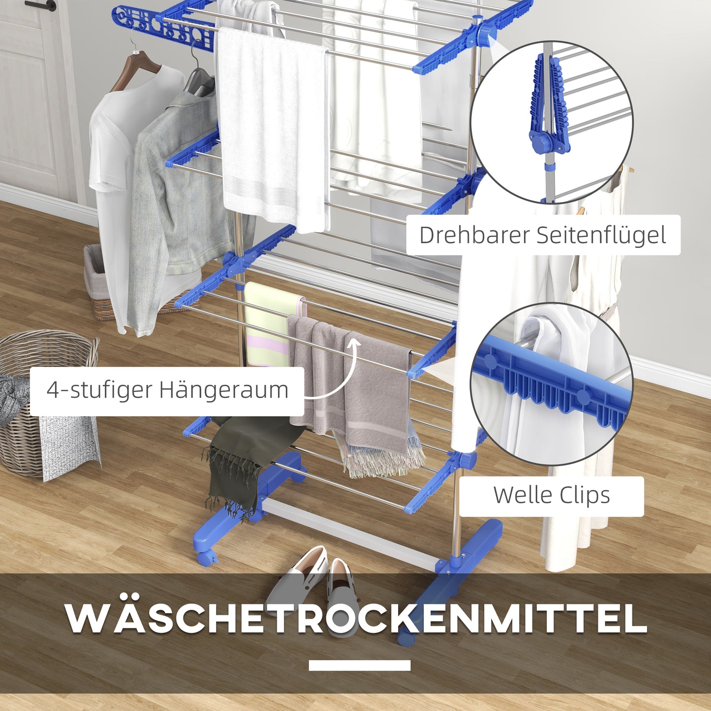 HOMCOM Wäschenständer Wäschetrockner 5 Ebenen, klappbar, One-Klick-System, 142 cm x 55 cm x1 72 cm, Blau + Silber