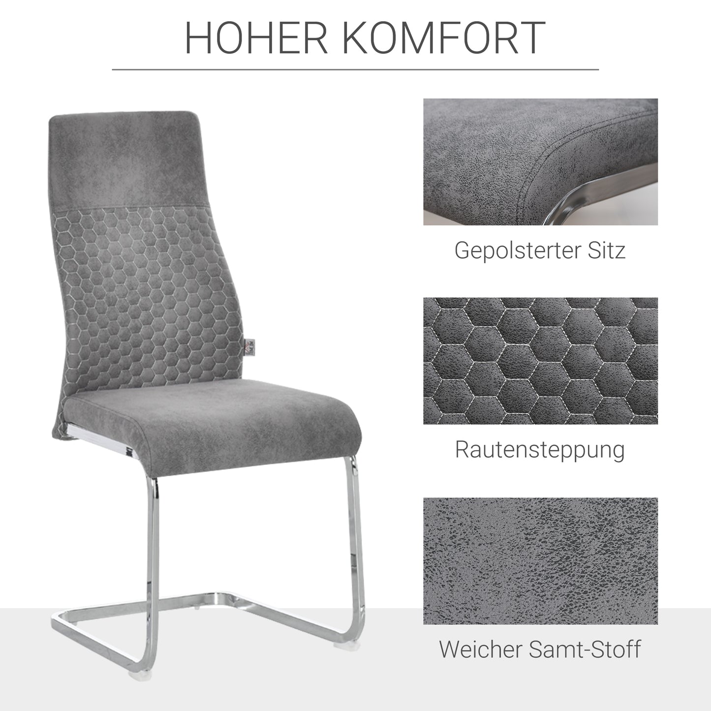 HOMCOM 4er-Set Freischwinger Esszimmerstühle 4-teilig Küchenstühle, Mikrofaser, 45 x 61 x 98 cm, Grau
