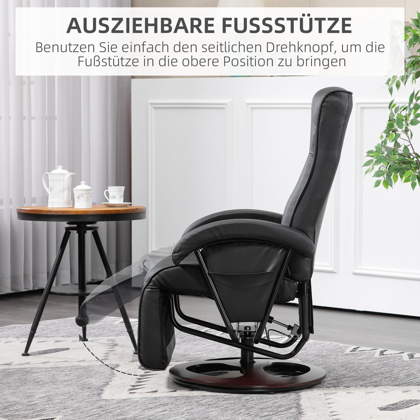HOMCOM Drehbarer Polsterstuhl, Kunstleder, Fußstütze, Holzbasis, neigbar, Schwarz