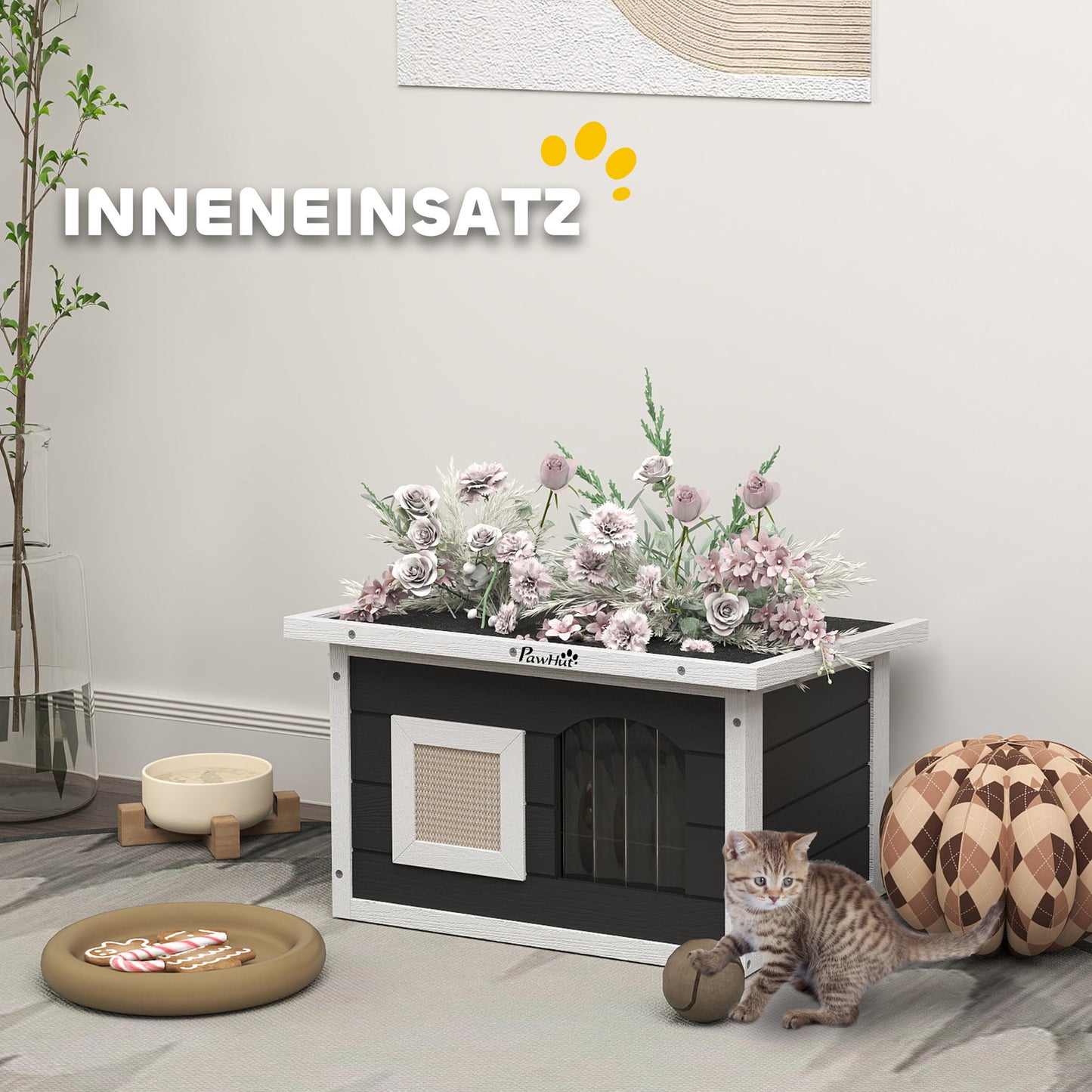 PawHut Katzenhaus, Rückzugsort für Katzen und Kaninchen, Holzhaus mit Kratzmatte, Türklappe, 61 x 45 x 36,5 cm, Grau