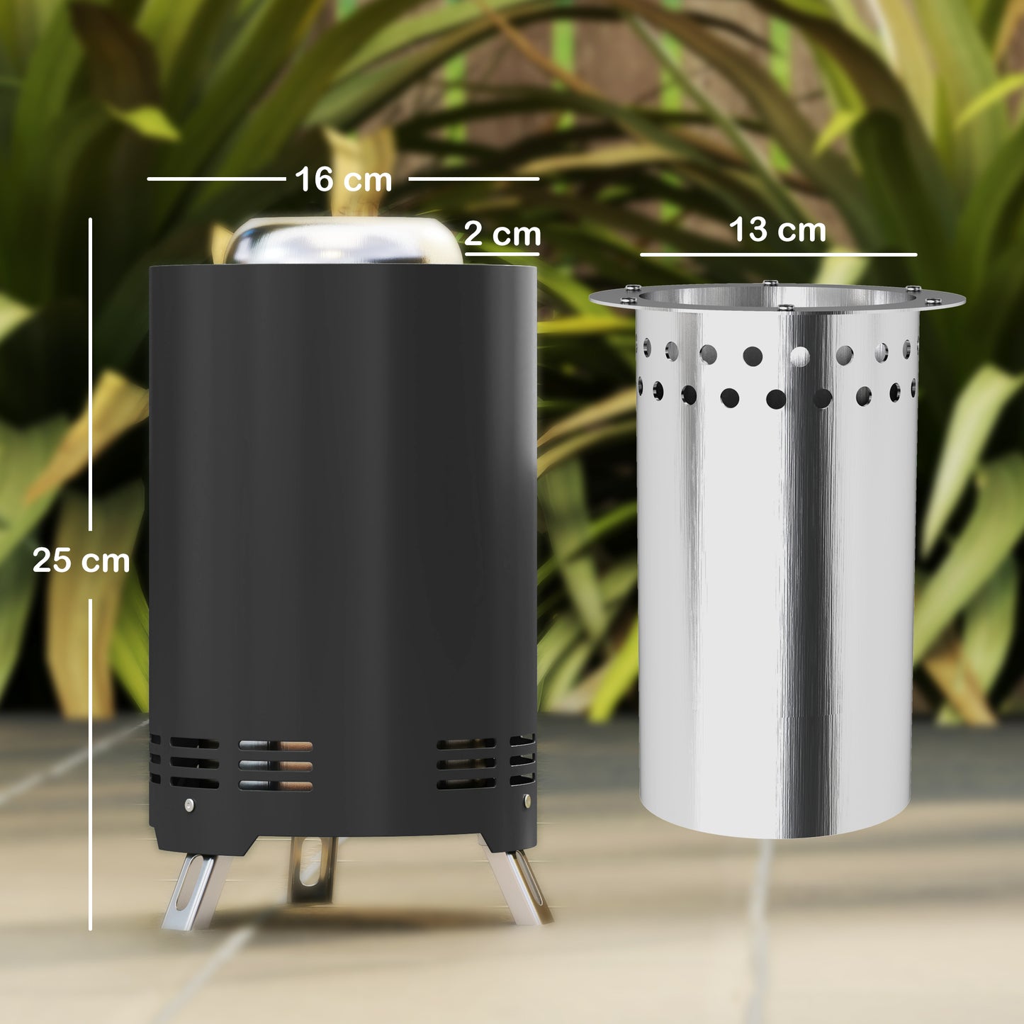 Outsunny Feuerschale Ø16x25cm aus Edelstahl Feuerstelle mit Schürhaken Rauchfreie Feuerschalen Grau