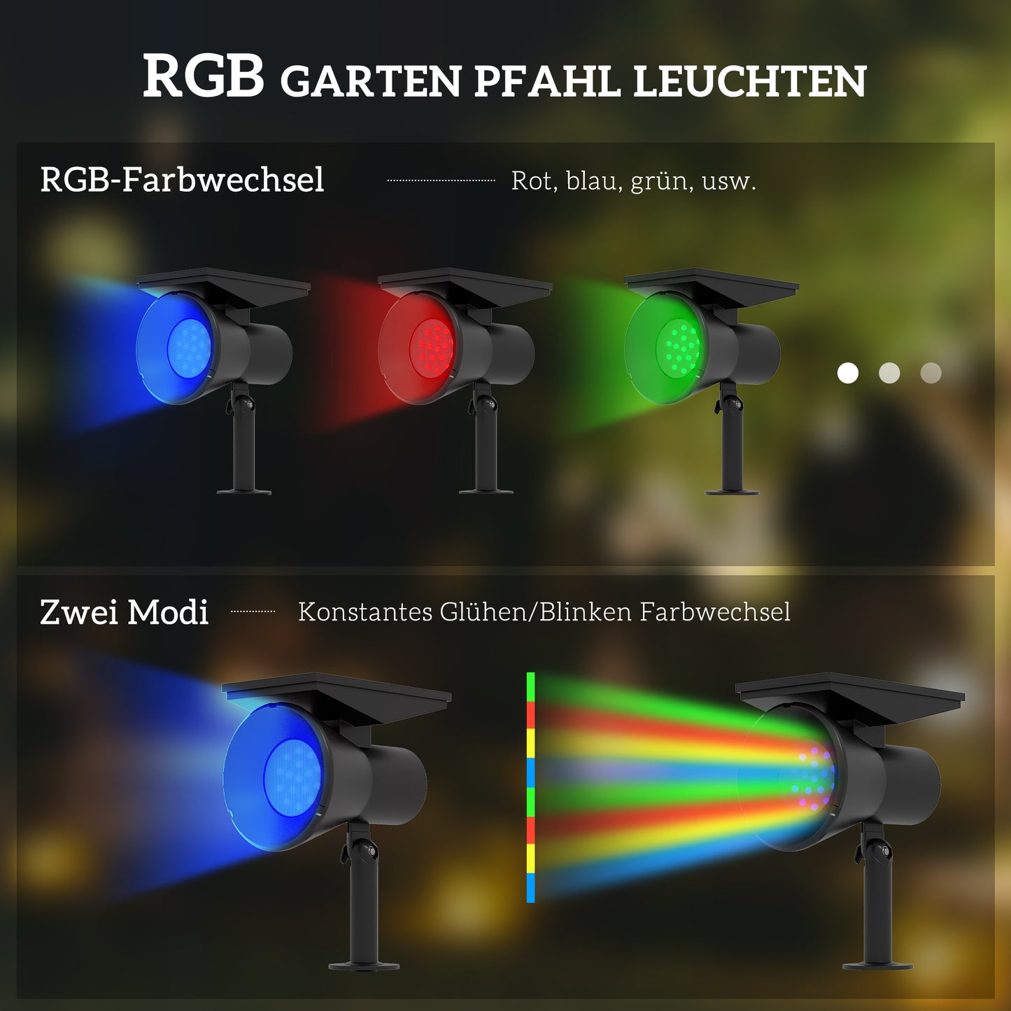 Outsunny Solarleuchten, 2 Stück Solarlampen, Solar Gartenleuchte mit 2 Lichtfarben, Boden-/Wandmontage, IP54 Wasserdicht für Balkon, Terrasse, Schwarz