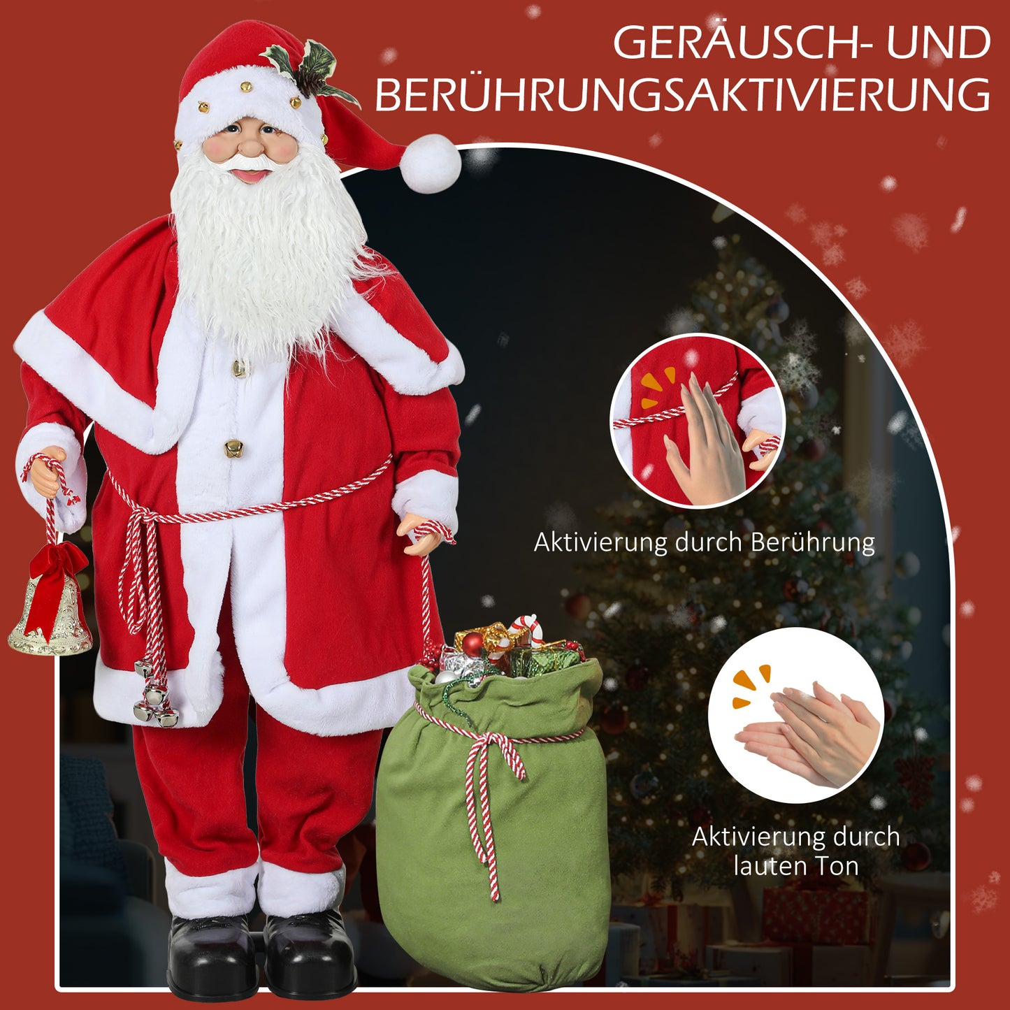 HOMCOM Weihnachtsmannfigur, beweglich, mit Geräuschsensor, Lachen & Musik, 140 cm, Rot