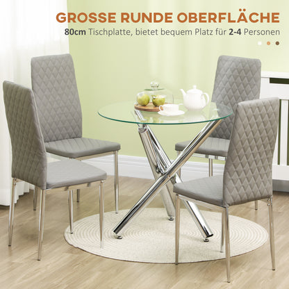 HOMCOM Esstisch, runde Hartglasplatte, randloses Design, für 2-4 Personen, Stahlbeine, 80 x 80 x 74 cm