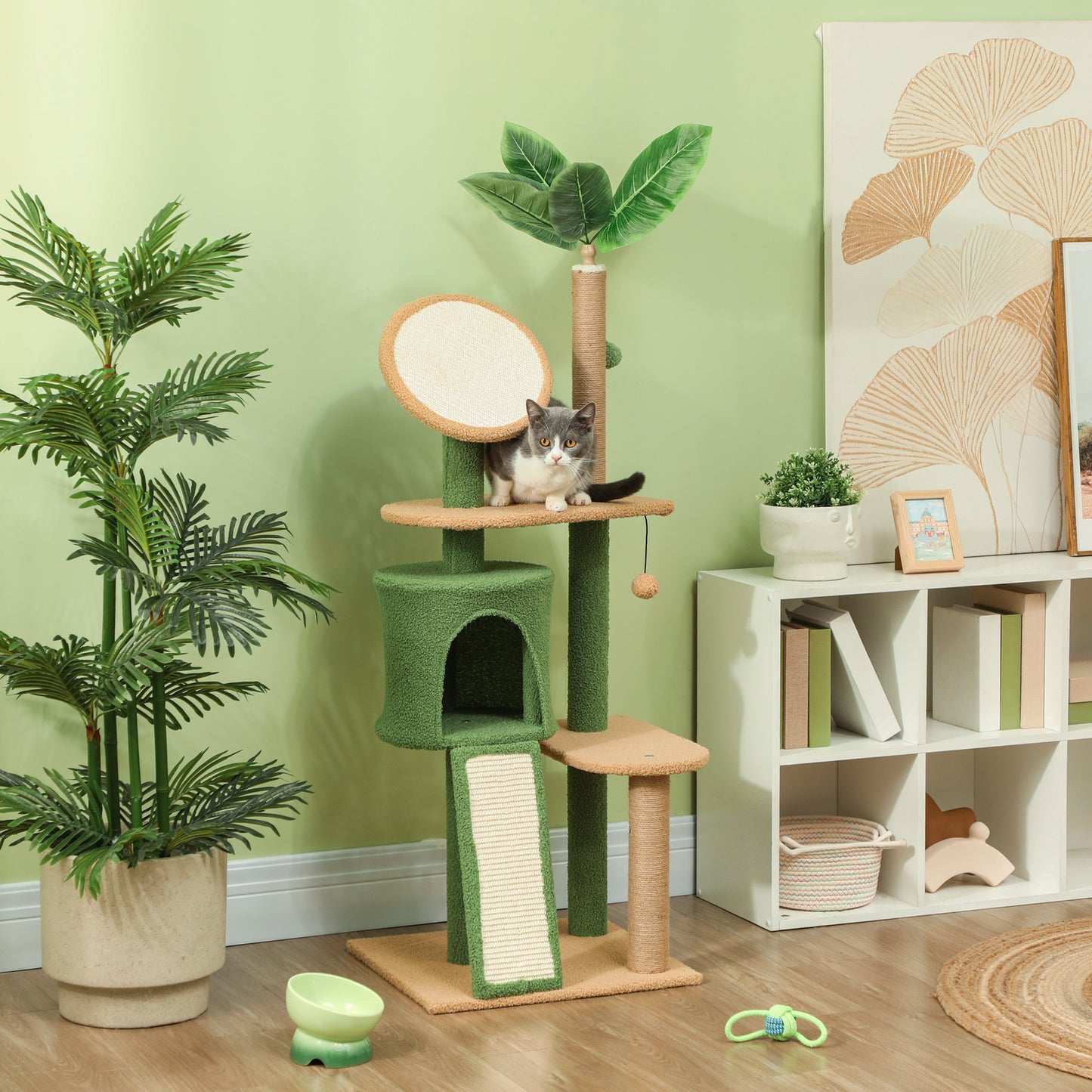PawHut Kratzbaum, 139 cm Katzenbaum mit Höhle, Spielbällen, Sisal-Kratzpfosten och Plattformen, für zwei Katzen, Grün