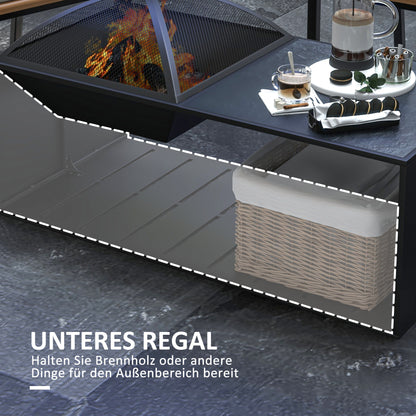 Outsunny 2 in1 Feuerschale, Tischplatte mit Keramikfliesen, Schürhaken, rostfrei, 101 x 51 x 56 cm, Schwarz
