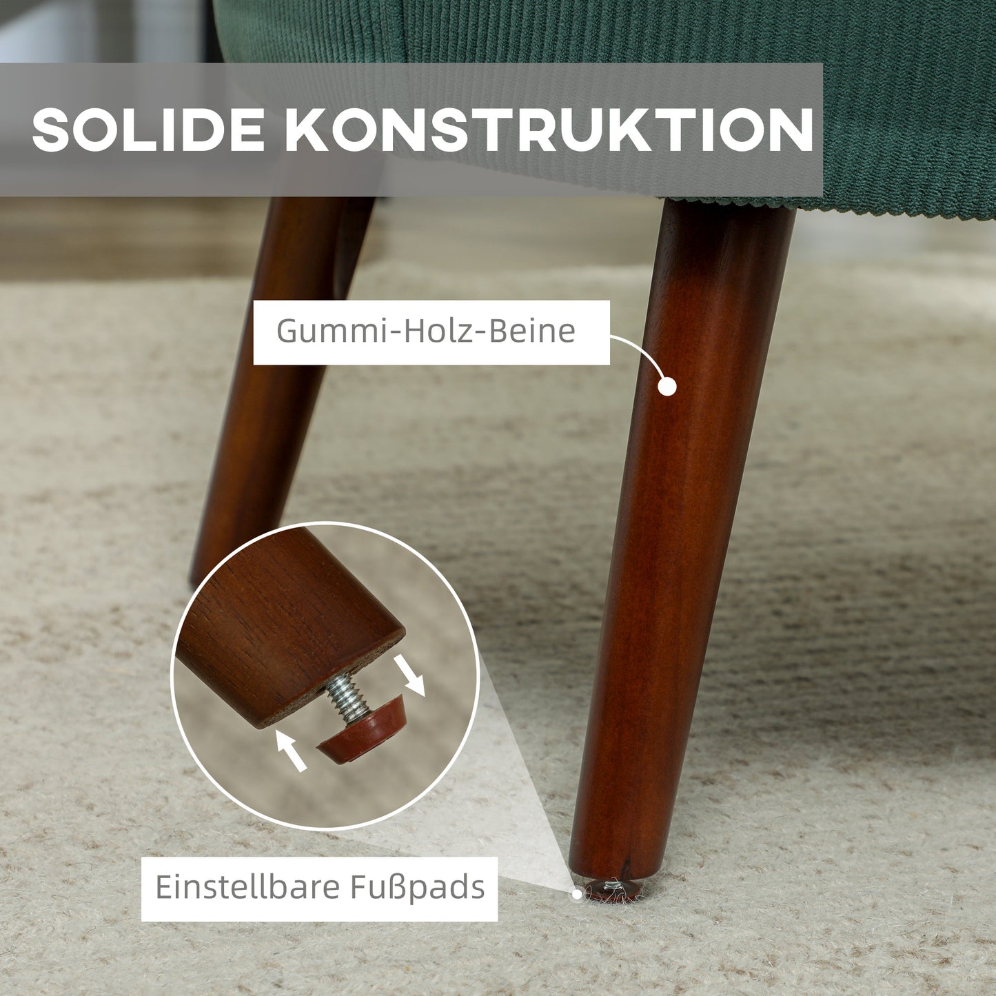 HOMCOM Moderner Armlehnstuhl, Gepolsterter Akzentstuhl mit Lendenkissen, Kautschukholzbeinen, Dunkelgrün