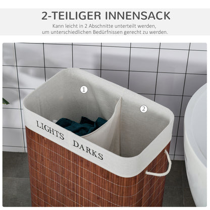HOMCOM Bambus Wäschekorb schmal mit Deckel 100L Wäschesammler mit Griffen, 2 herausnehmbarer Wäschesack, Laundry Baskets Wäschebox für Waschküche, Schlafzimmer, Badezimmer Braun