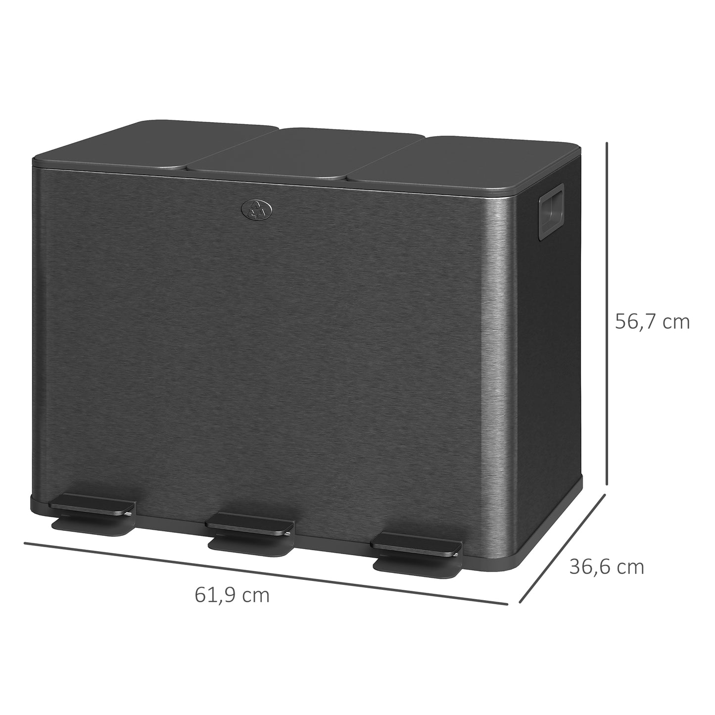 HOMCOM Mülleimer mit 3 x 20 L Fächern, Deodorant-Deckel, fingerabdrucksicher, Soft-Close, herausnehmbar, Schwarz