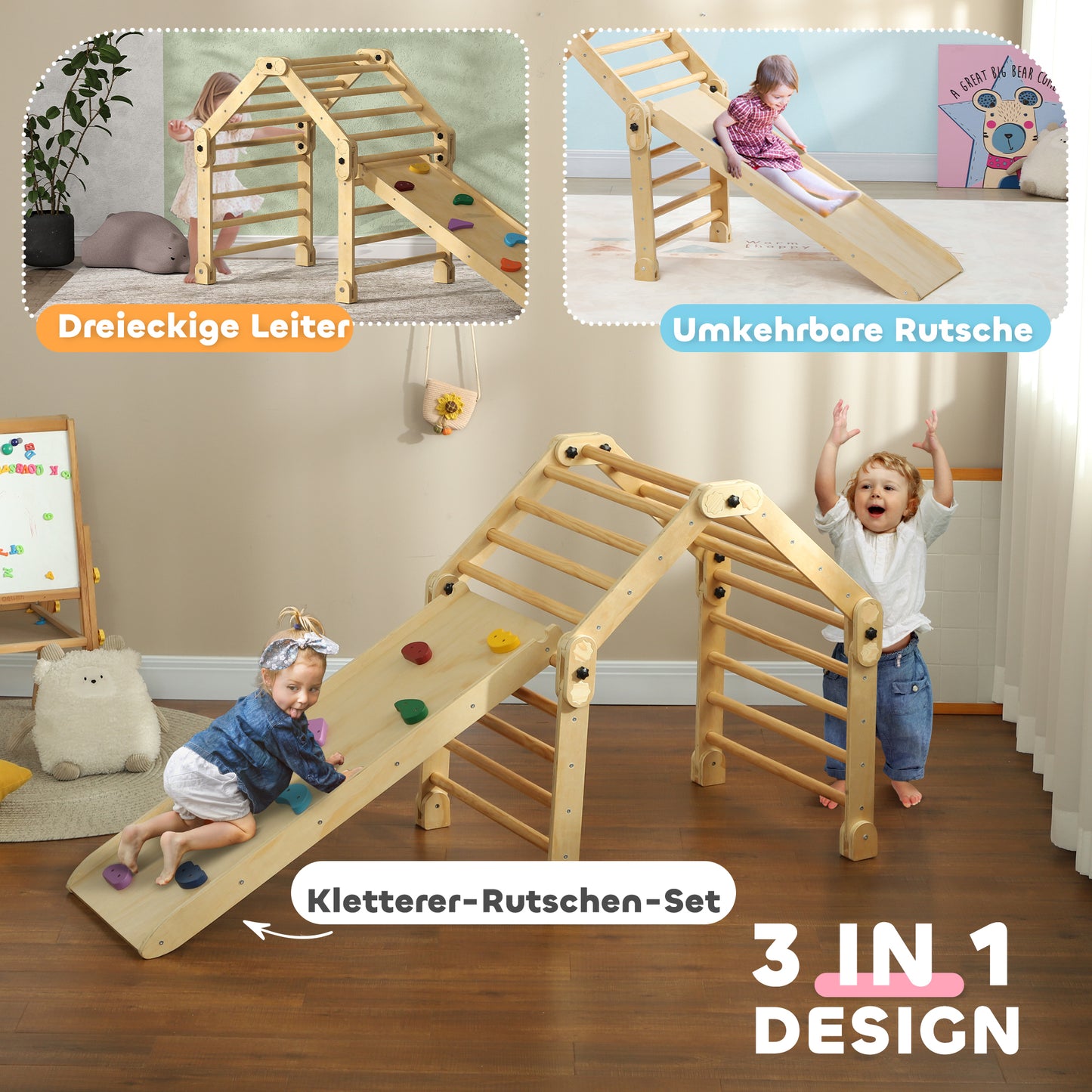 AIYAPLAY Klettergerüst 3-in-1, faltbar, Leiter & Rutsche/Kletterwand, Holz, für Kinder 1,5-4 Jahre
