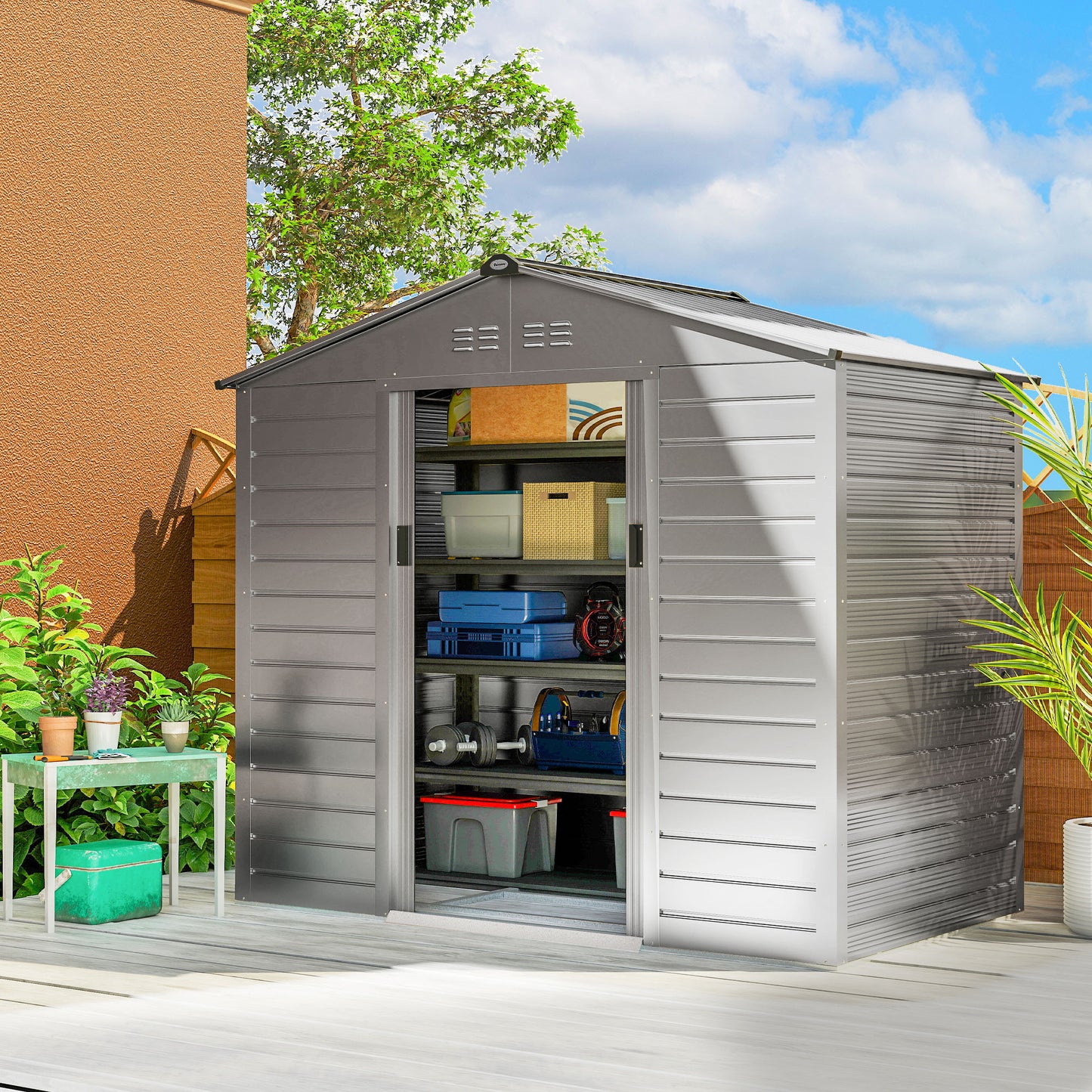 Outsunny 2,43 ㎡ Gerätehaus, 213 x 131 x 192 cm Geräteschuppen mit Satteldach, Abschließbare Schiebetür, wetterfest, Grau