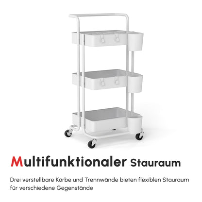 HOMCOM Rollwagen, Servierwagen, 3 Ablagekörbe, 3 Hängeboxen, 4 Haken, Metallrahmen, 42 x 38 x 86,5cm, Weiß