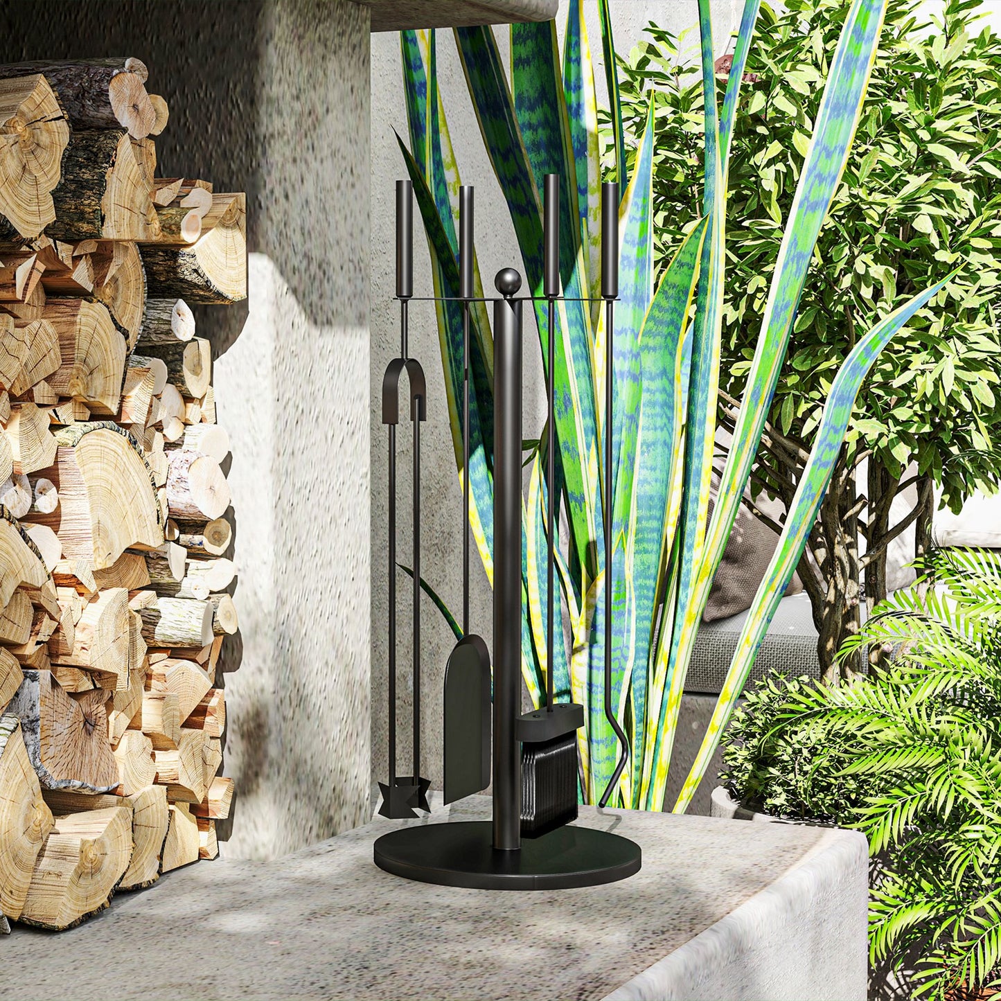 Outsunny Kaminbesteck, 5-teilig, Besen, Schaufel, Zange, Schürhaken und Ständer, feuerfestes Metall, Schwarz