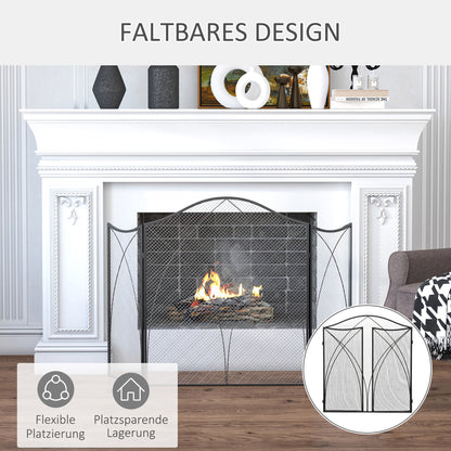 HOMCOM Funkenschutz für Kamine, dreifach faltbar, Metallstruktur, Beschichtung, 108x2x76 cm, Schwarz