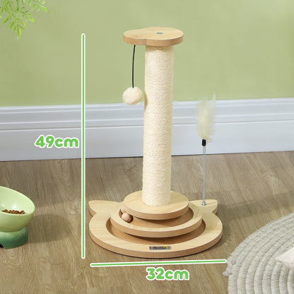 PawHut Katzen-Kratzbaum, 49 cm, Sisal-Kratzpfosten, Kugelbahn, Spielball, Spielfeder, 4-in-1-Design, Eiche, Weiß