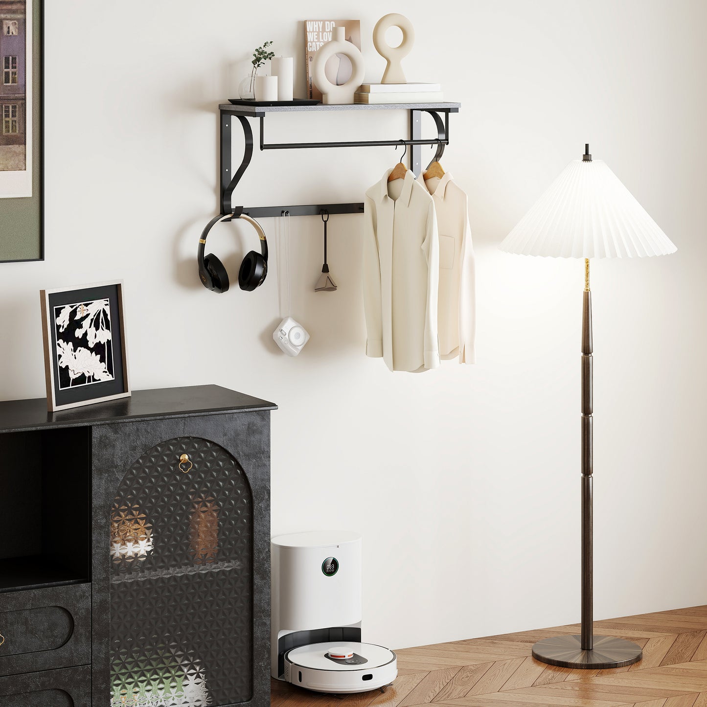 HOMCOM Wandmontierter Kleiderständer, Kleiderhaken, 5 Haken, oberes Fach, vielseitig, Grau