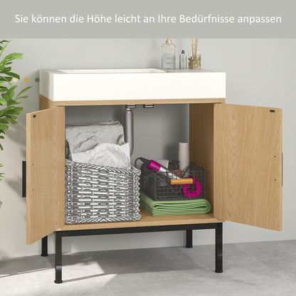 kleankin Badezimmerunterschrank, im Boho-Design, Badezimmerschrank, Rattan-Elemente, mit U-Ausschnitt, Eiche