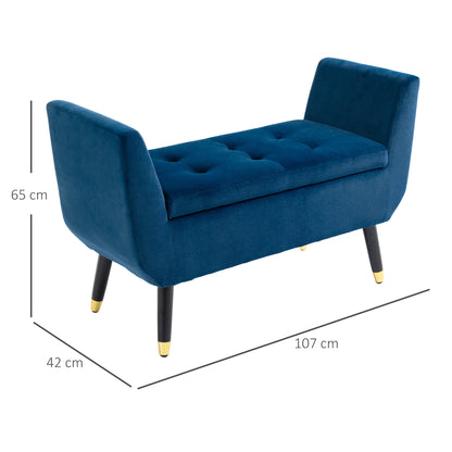 HOMCOM Sitzbank mit Stauraum Armlehnen Polsterbank mit Samtoptik, Sitztruhe mit Holzbeine, Truhenbank für Wohnzimmer Schlafzimmer Flur 107 x 42 x 65 cm, Blau