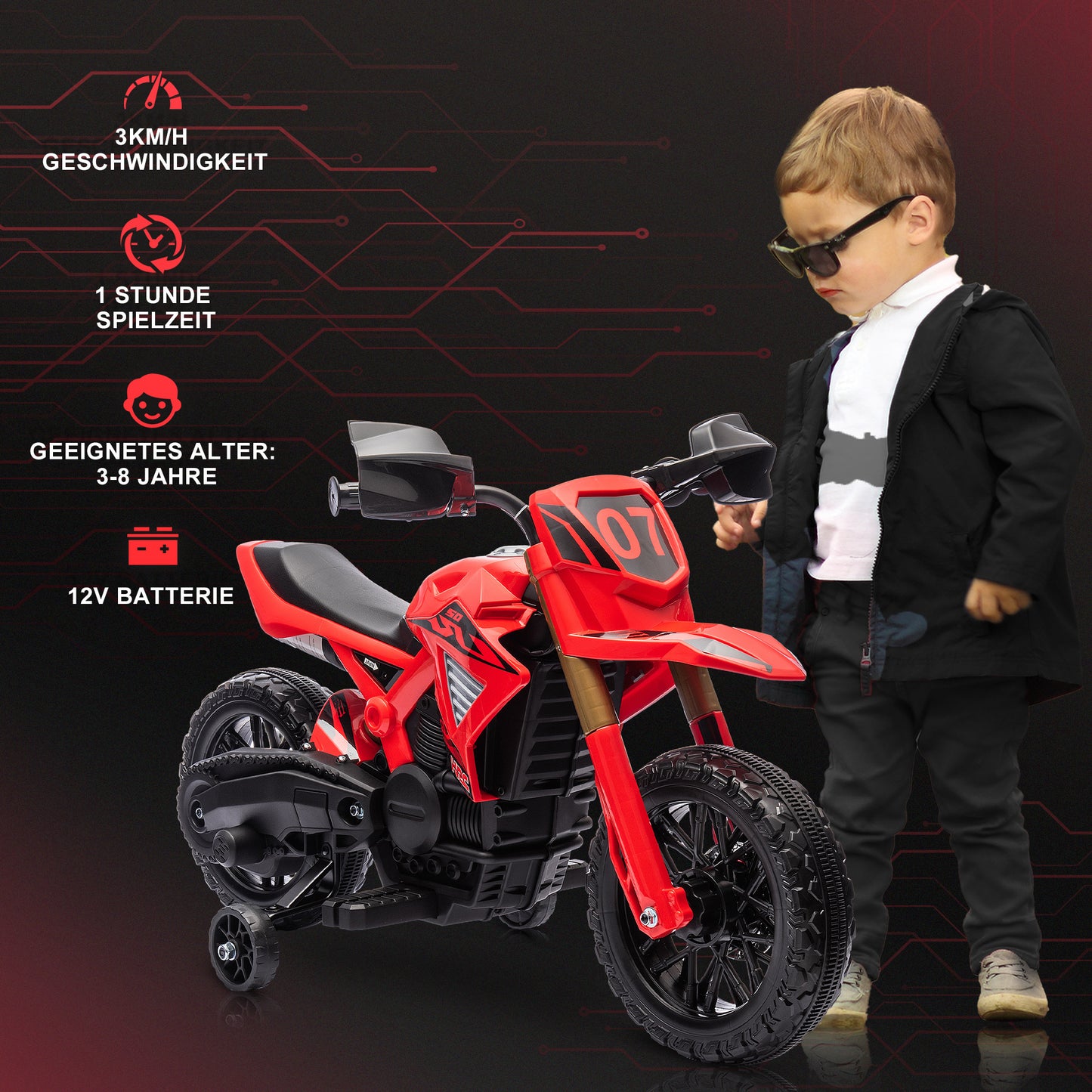 AIYAPLAY Elektro-Motorrad für Kinder, 6V Batterie-Antrieb, Stützräder, Hupe, Startgeräusch, 3-8 Jahre, Rot