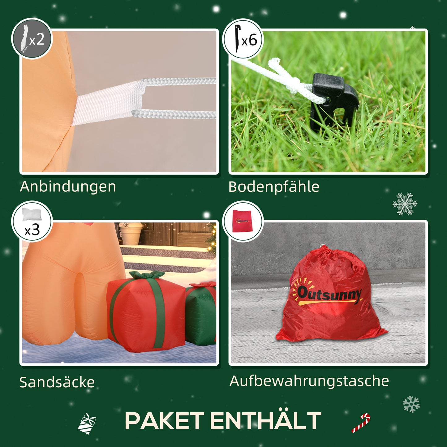 Outsunny Lebkuchenmann mit Zuckerstange, 2,45 m groß, aufblasbar, weiße LED-Beleuchtung, 170 x 100 x 245 cm