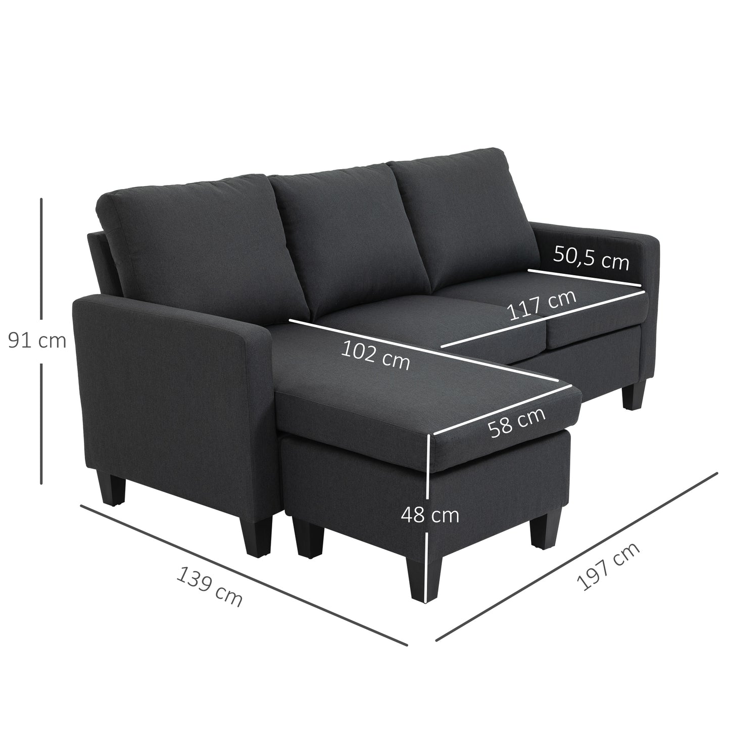 HOMCOM Ecksofa mit Schlaffunktion, 3 Sitzer Sofa und Kissen, Eckcouch, L-Form Couch für Wohnzimmer, Schlafzimmer 197 x 139 x 91 cm, Leinen, Dunkelgrau