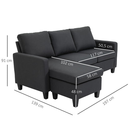HOMCOM Ecksofa mit Schlaffunktion, 3 Sitzer Sofa und Kissen, Eckcouch, L-Form Couch für Wohnzimmer, Schlafzimmer 197 x 139 x 91 cm, Leinen, Dunkelgrau
