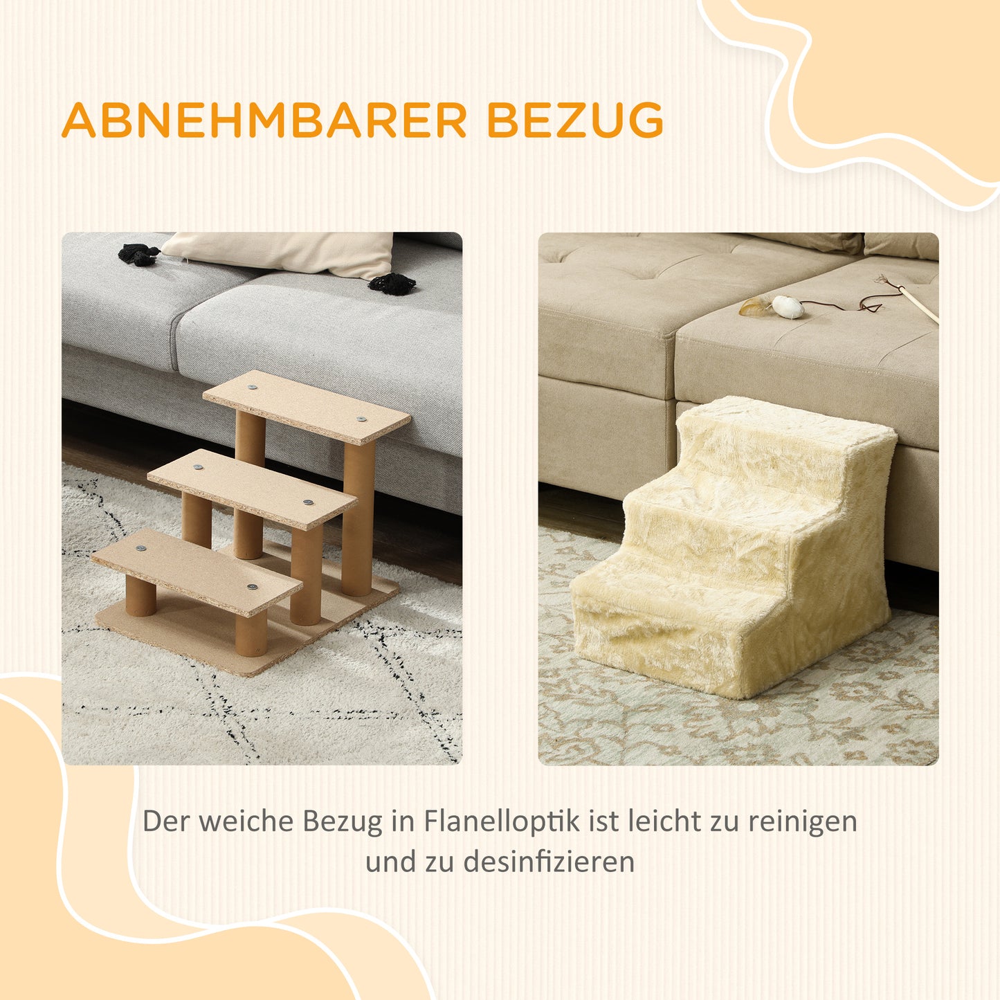 PawHut Faltbare Haustiertreppe, 3 Stufen, waschbarer Plüschbezug, Spanplatte, 46 x 35 x 35 cm, Beige