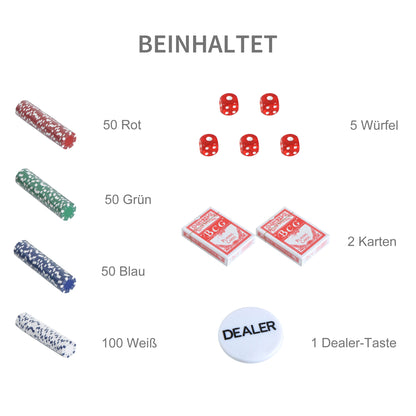 HOMCOM Pokerset, 500 Chips, 2 Kartendecks, 5 Würfel, Aluminium-Koffer, verschließbar