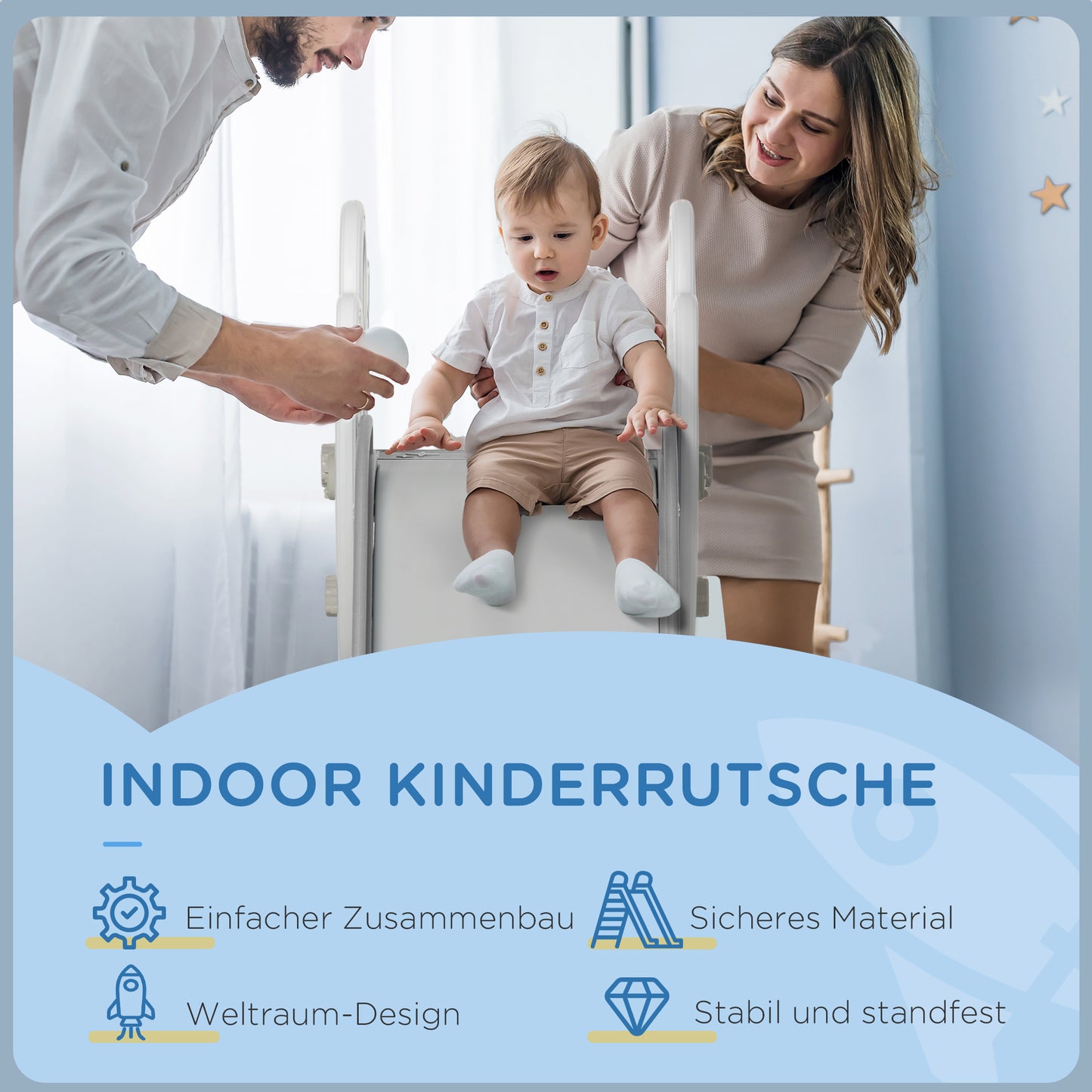AIYAPLAY Rutsche für Kinder 1,5 bis 3 Jahre, Raketen-Design, Sticker-Set, grau, 157 x 46,5 x 80 cm