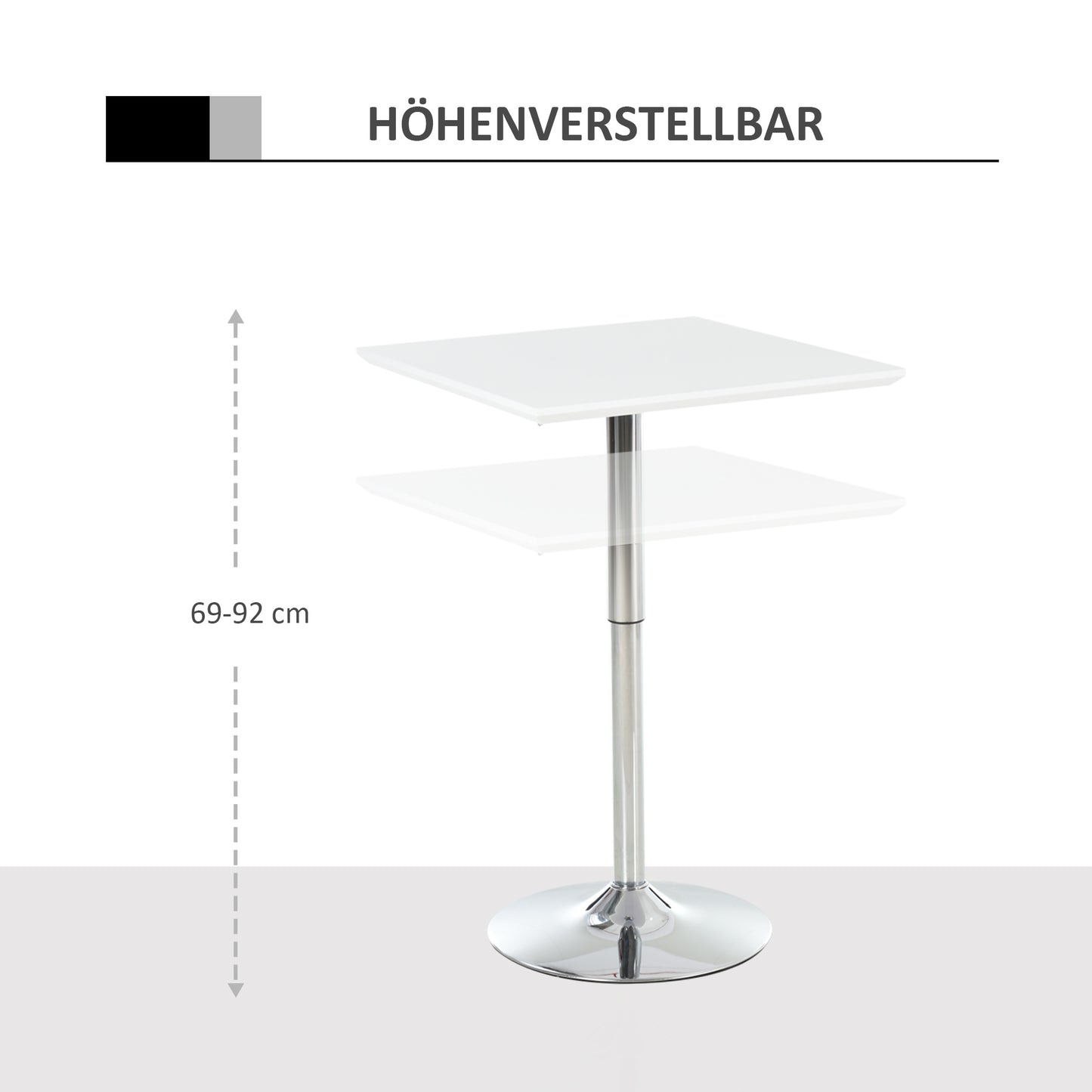 HOMCOM Bartisch Bistrotisch Pub Höhenverstellbarer Quadratischer Stehtisch Tisch Stahl Weiß 60 x 60 x 69-92 cm