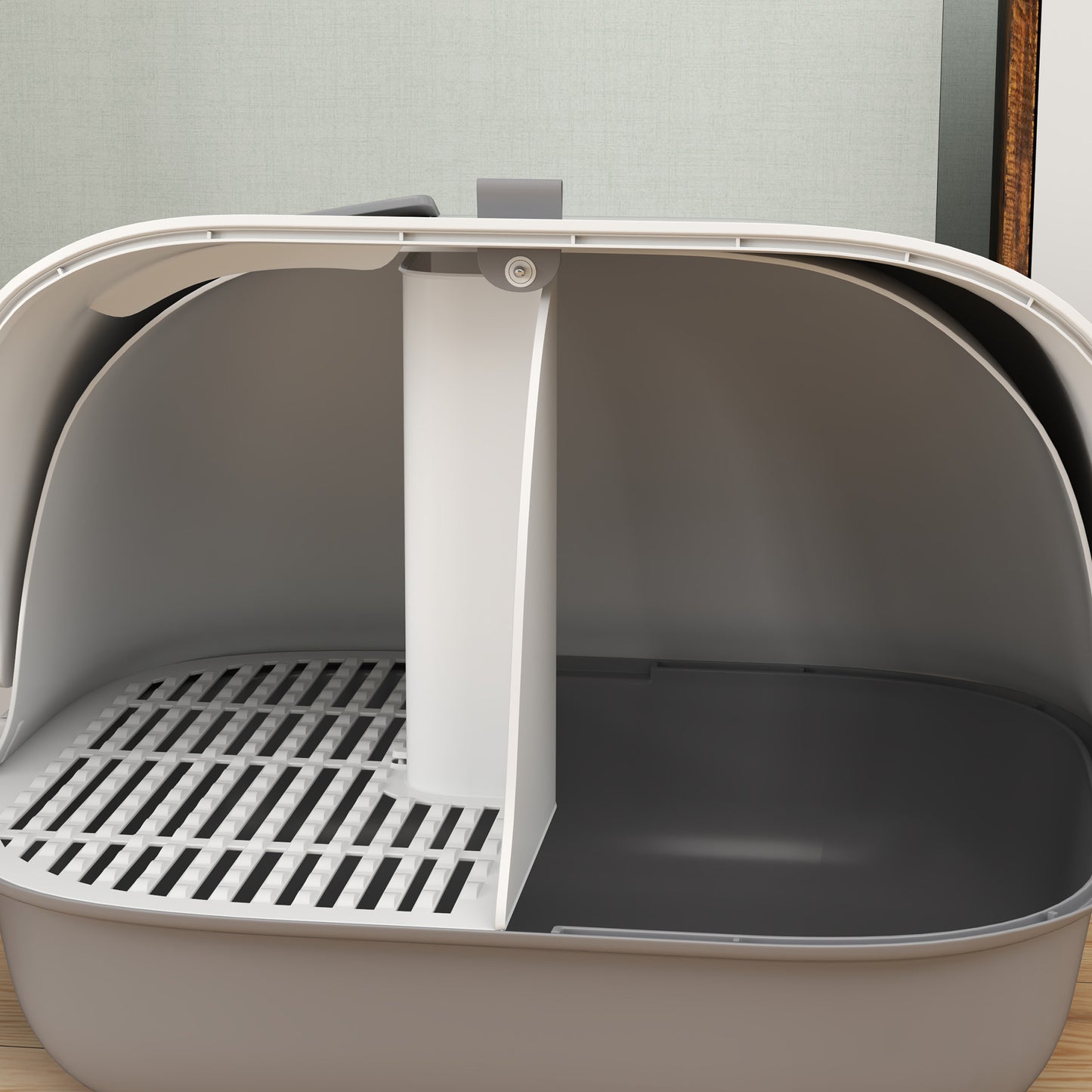 PawHut Katzentoilette mit Deckel, Katzenklo mit internem Kanal, Tür, Schaufel, leicht zu reinigen, Kunststoff, Hellgrau