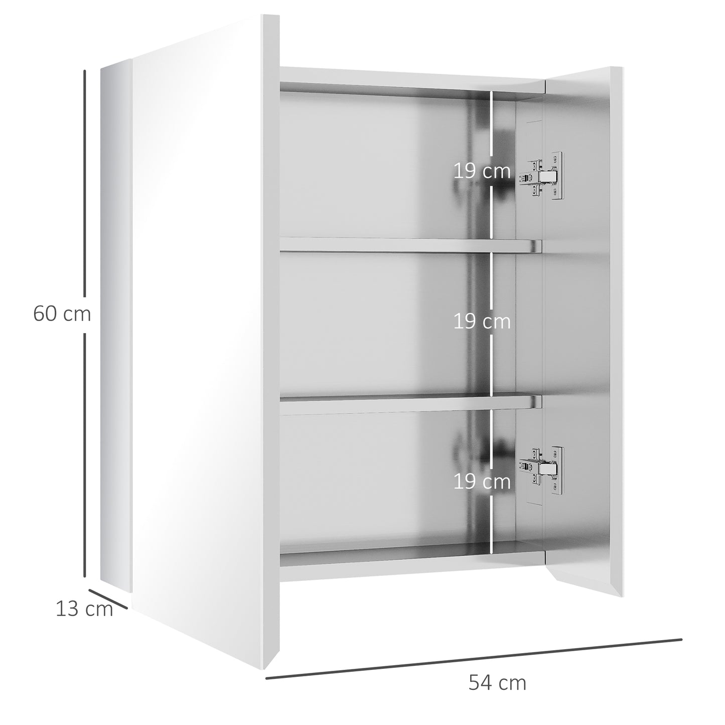 kleankin Spiegelschrank, Badschrank, 2 Spiegeltüren, 3 Innenböden, Edelstahl, Farbe: Silber, 54 x 13 x 60 cm