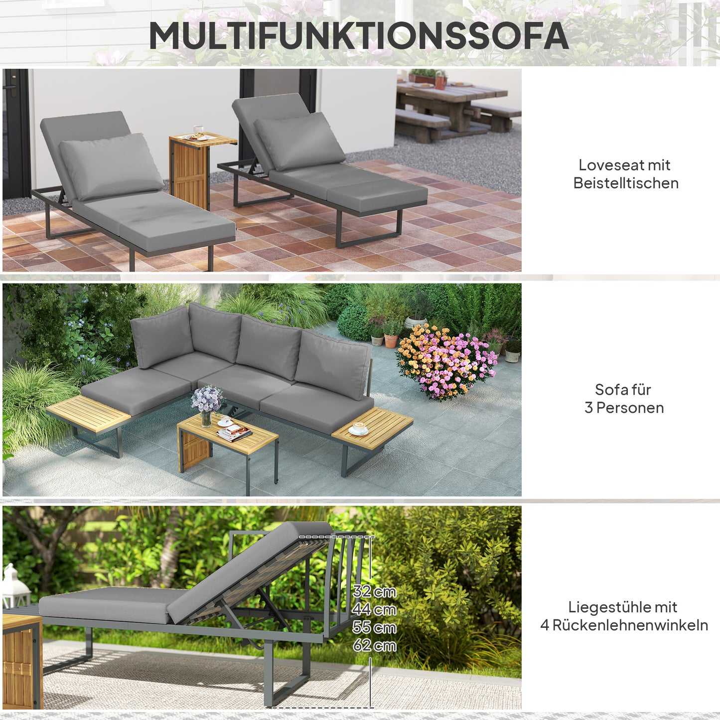 Outsunny Außenmöbel-Set, auf 6 Sitze erweiterbar, L-förmige Outdoor-Sitzecke mit Tischen, Stahlrahmen, verstellbare Lehnen, Grau