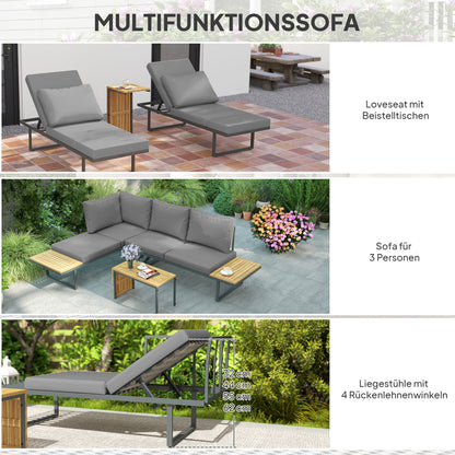 Outsunny Außenmöbel-Set, auf 6 Sitze erweiterbar, L-förmige Outdoor-Sitzecke mit Tischen, Stahlrahmen, verstellbare Lehnen, Grau
