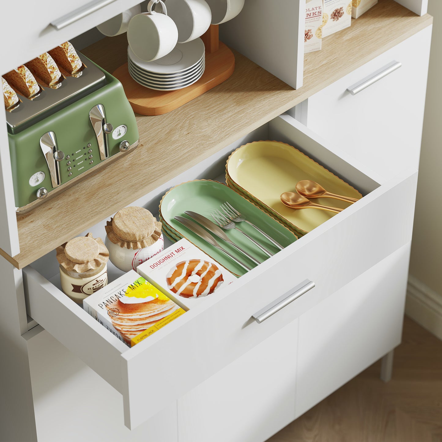 HOMCOM Küchenschrank mit offenen Regalen, Fächern, Weinregal, Vorratsschrank mit 5 Schranktüren, MDF, Weiß