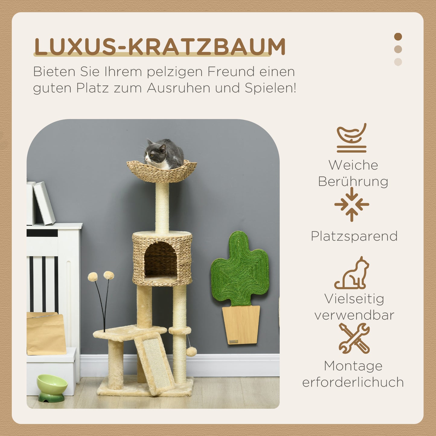 PawHut Kratzbaum mit Katzenhöhle, Liegeplattform, Spielball, 45x40x116cm, Braun/Beige