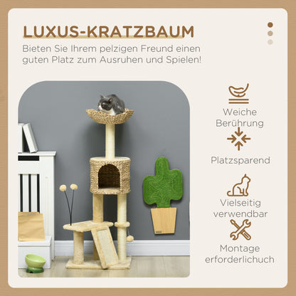 PawHut Kratzbaum mit Katzenhöhle, Liegeplattform, Spielball, 45x40x116cm, Braun/Beige