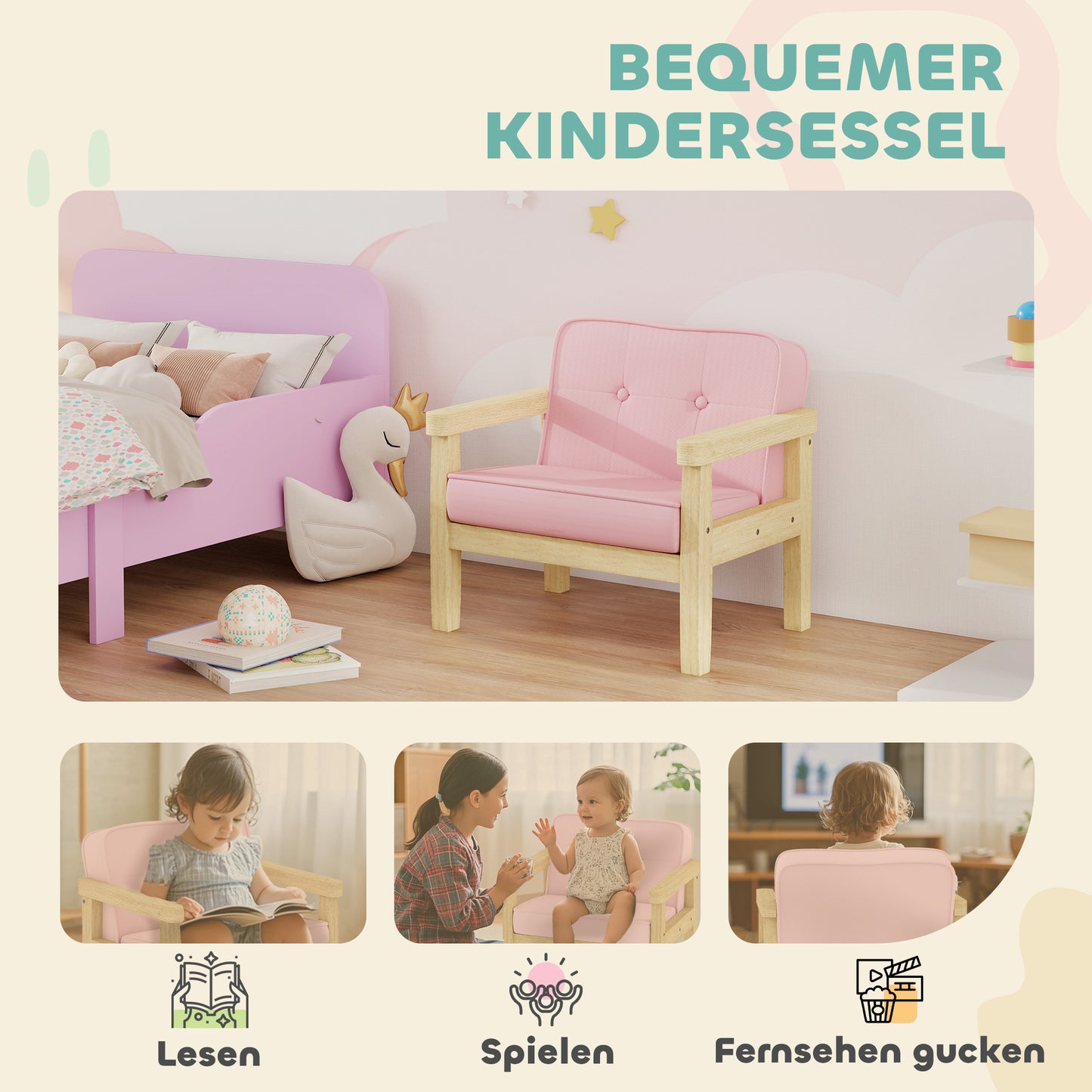 AIYAPLAY Kindersessel Kindersofa mit Kord-Optik, massiven Holzfüßen Sessel aus Schaumstoff Kinderstuhl für Kinderzimmer, Spielzimmer, 46,5 x 44 x 45 cm, für Kinder 3-8 Jahre Rosa