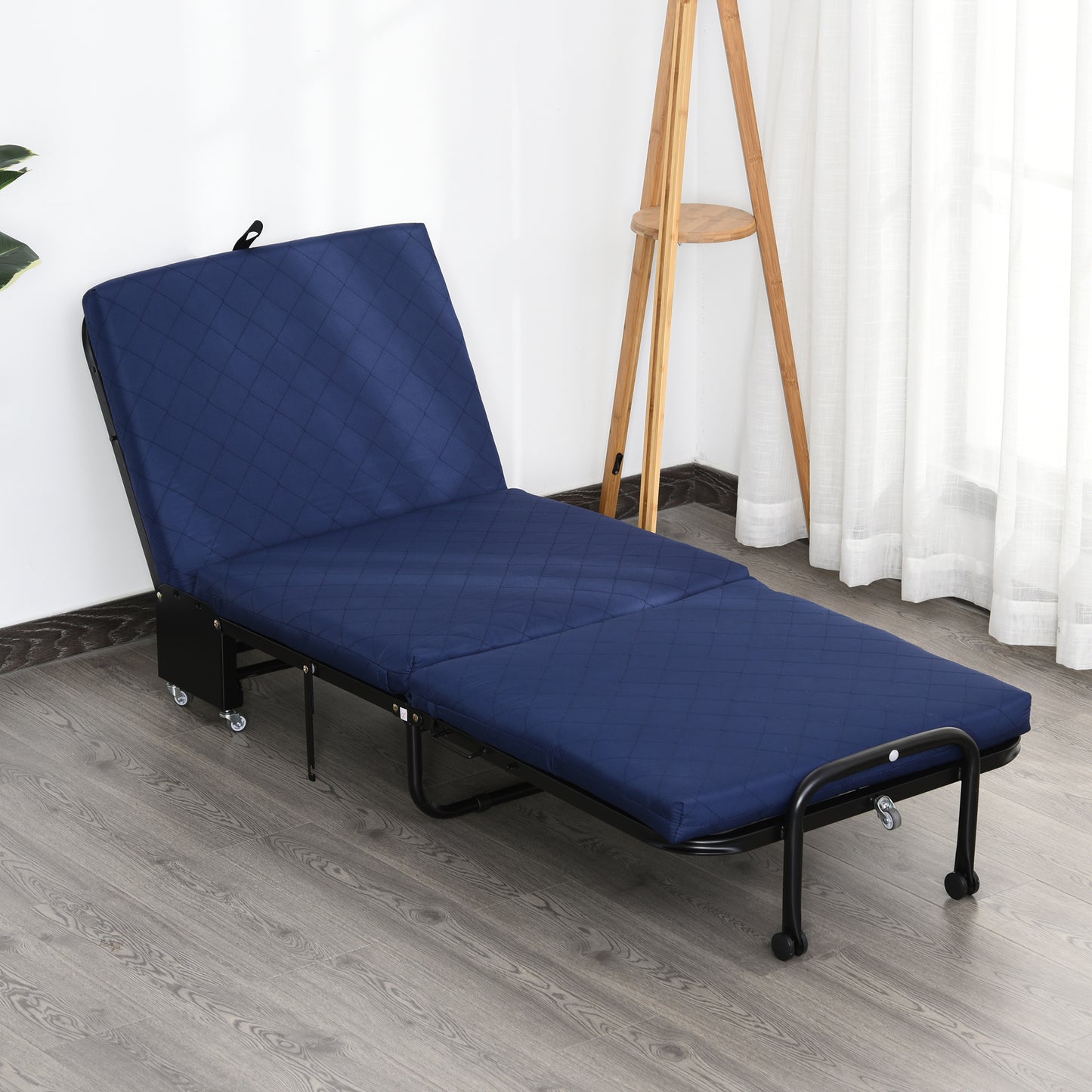 HOMCOM Klappbett 65x184 cm, Erwachsene Gästebett Klappbar mit 6 cm Dicker Schaumstoff, Reisebett mit Metallrahmen, Feldbett mit Rollen und höhenverstellbarem Kopfteil, bis 120 kg belastbar, Blau
