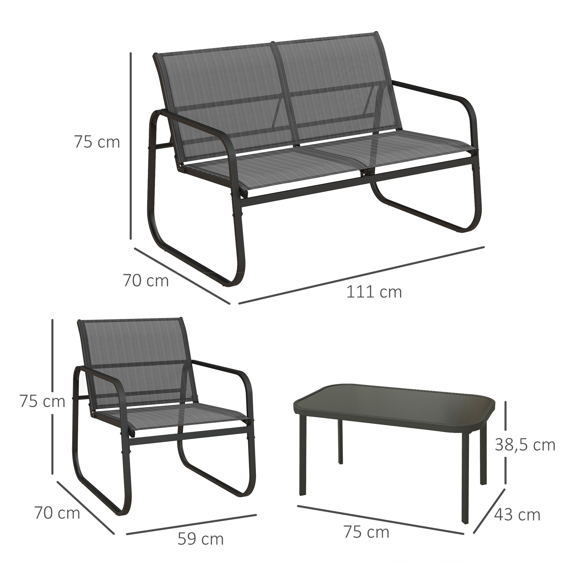 Outsunny 4-teilige Gartengarnitur, 2 Sessel, 2-Sitzer-Sofa, Tisch mit Glasplatte, atmungsaktiver Stoff, Metallrahmen, Schwarz
