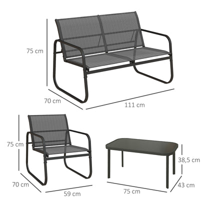 Outsunny 4-teilige Gartengarnitur, 2 Sessel, 2-Sitzer-Sofa, Tisch mit Glasplatte, atmungsaktiver Stoff, Metallrahmen, Schwarz