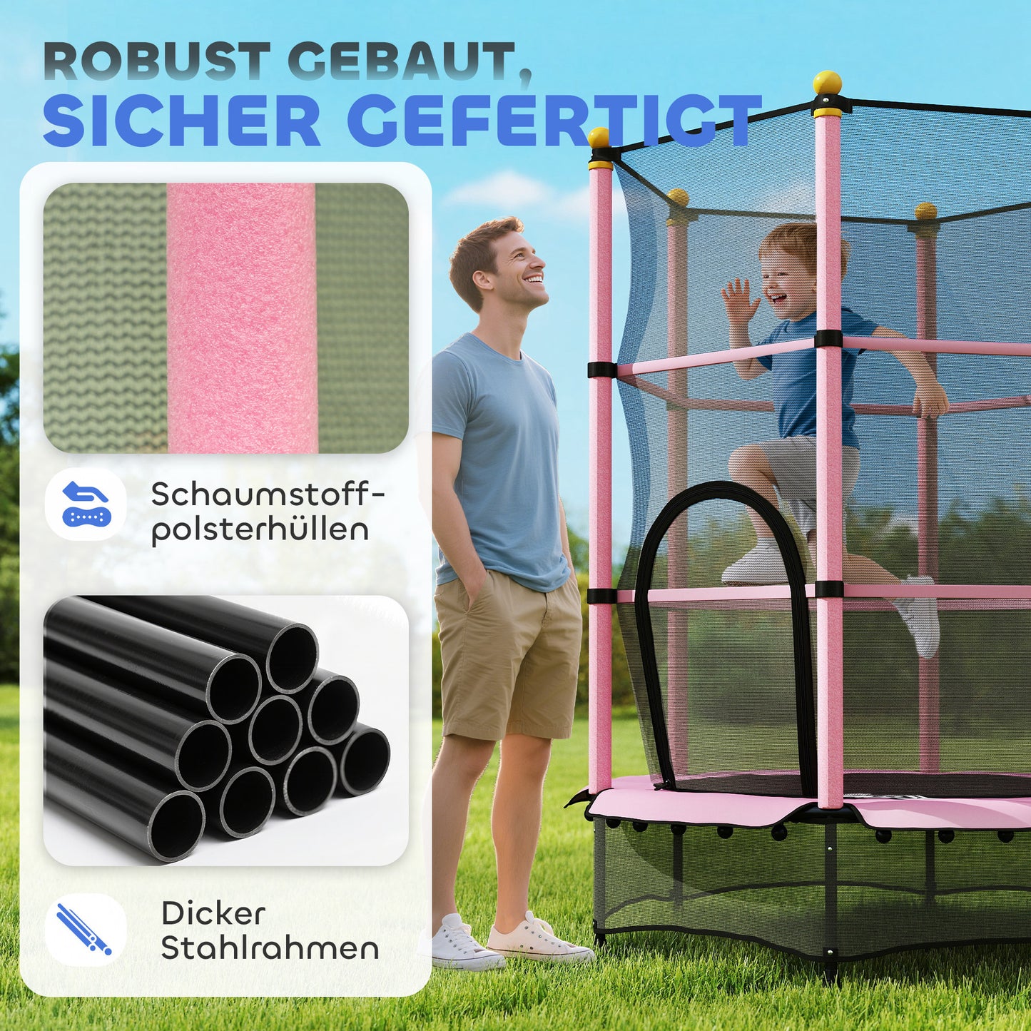 HOMCOM Trampolin für Kinder, Ø140 cm, mit Sicherheitsnetz, für innen und außen, Stahl, Kunststoff, belastbar bis 50 kg, Rosa