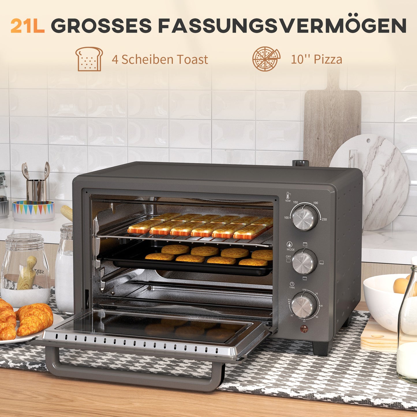 HOMCOM Minibackofen, 21 L Toasterofen mit 1 Drahtgestell und 1 Backblech, 3 Kochmodi, 100 °C-230 °C, Edelstahl, Glas, Grau